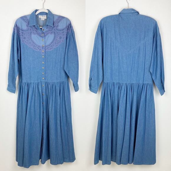 80s Vintage Drop Waist Button Front Jean Dress Large - Picture 2 of 7